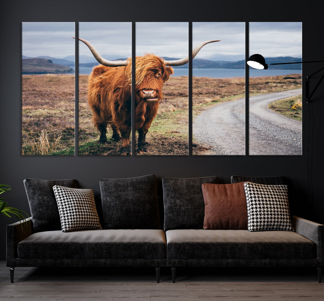 Highland Cow with Big Horn Canvas Wall Art Animal Photo Print Wall Decor