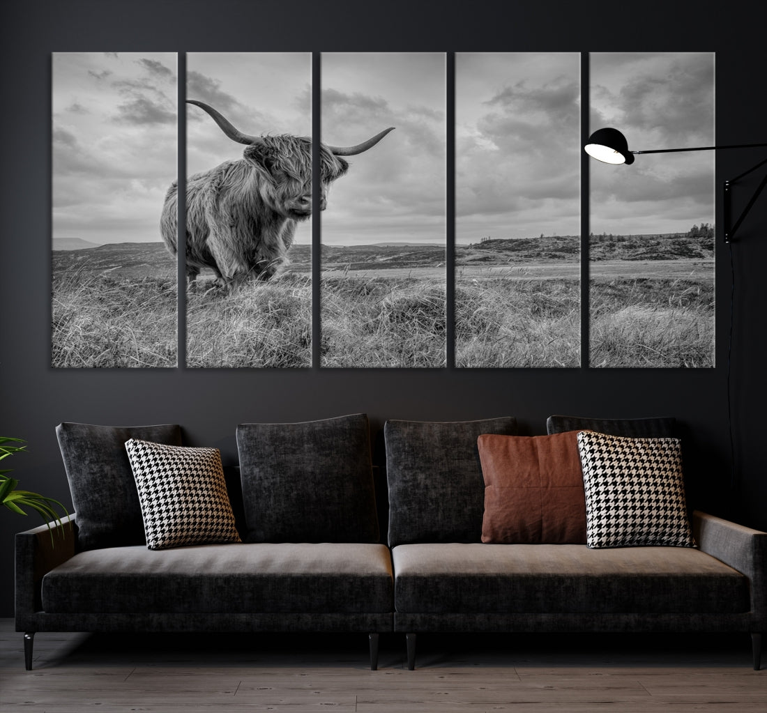 Grayscale Highland Cow Canvas Art Print Extra Large Animal Picture Print on Canvas