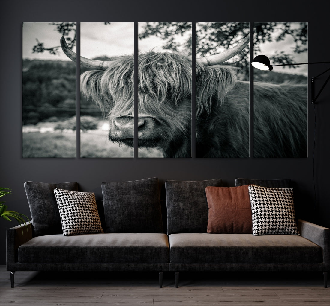 Beautiful Highland Cow Wall Art Large Canvas Print Black and White Wall Decor