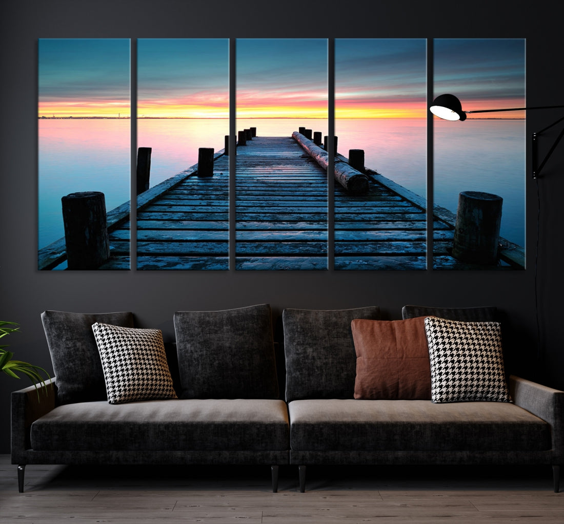 Fantastic Sunset over the Horizon Old Pier Seascape Ocean Wall Art Canvas Print