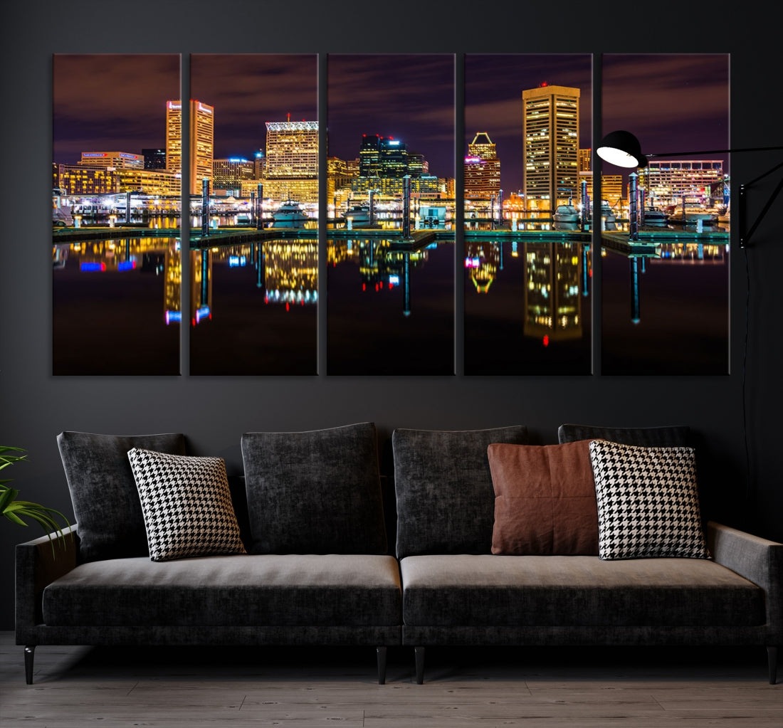 Baltimore City Night Skyline Purple Cityscape Large Wall Art Canvas Print