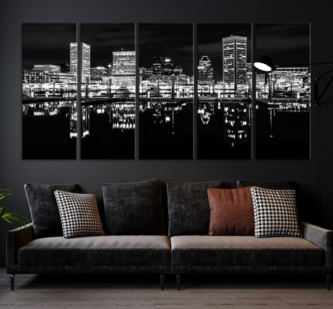 Black and White Baltimore Downtown Night Skyline Wall Art Cityscape Canvas Print