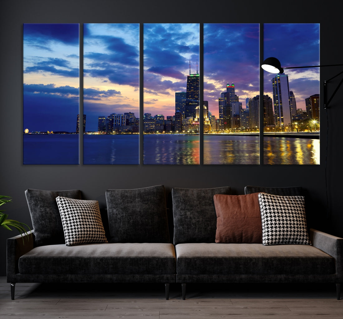 Blue Chicago Night Skyline Downtown Cityscape Large Wall Art Canvas Print