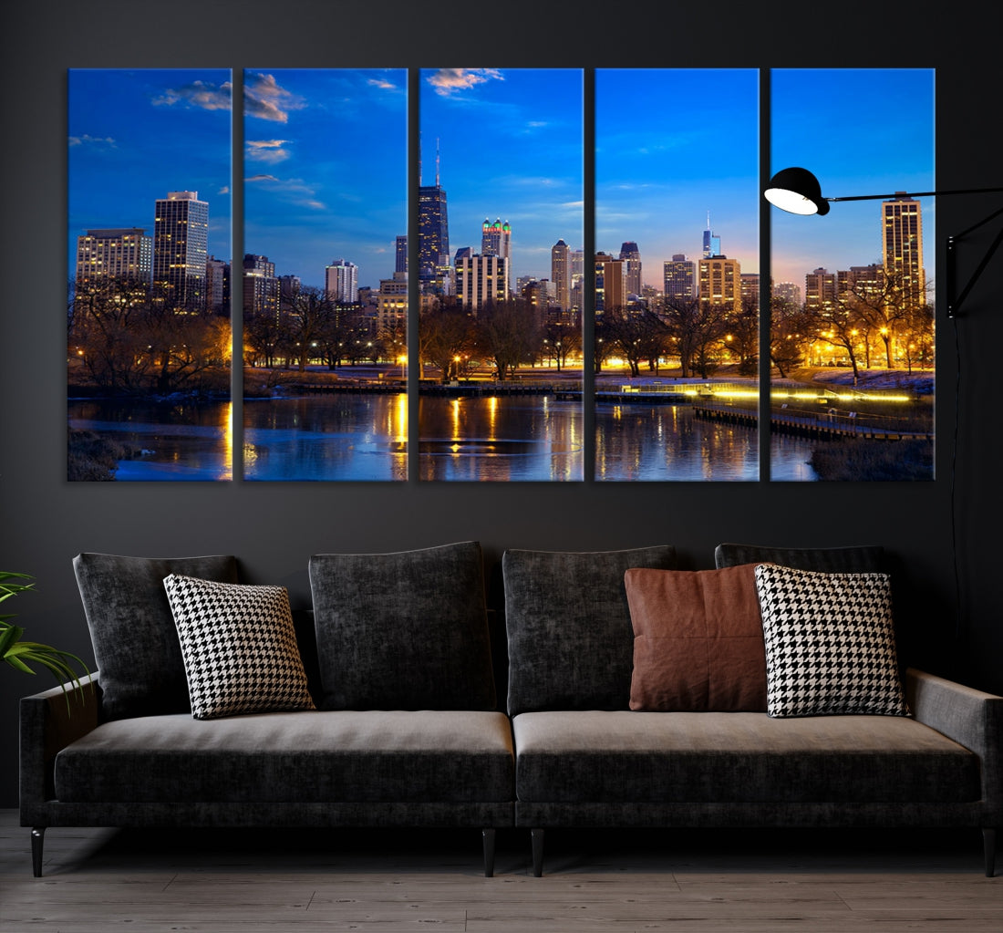 Large Chicago Skyline Wall Art Night Cityscape Canvas Print Home Decor