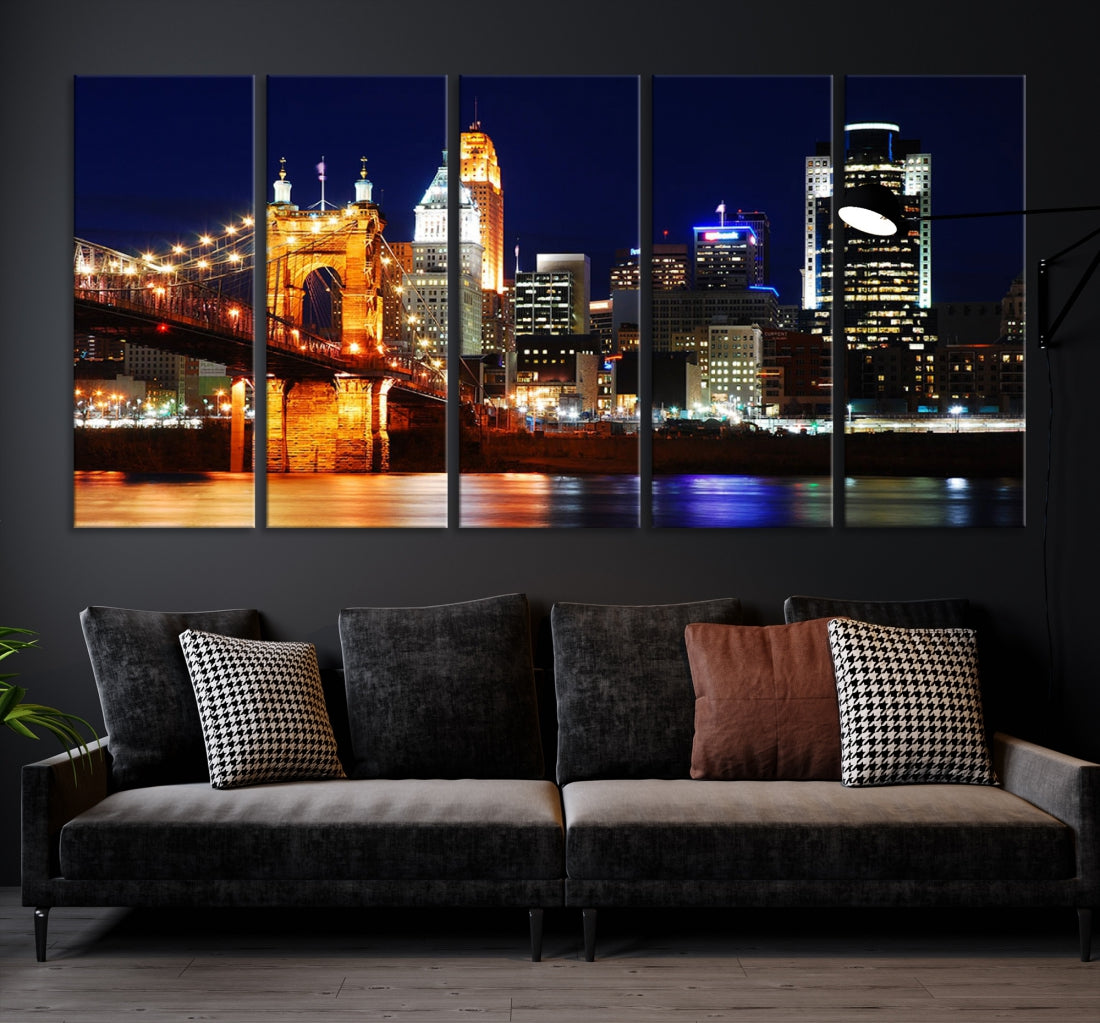 Cincinnati Bright Lights Night Skyline Canvas Wall Art Framed Print