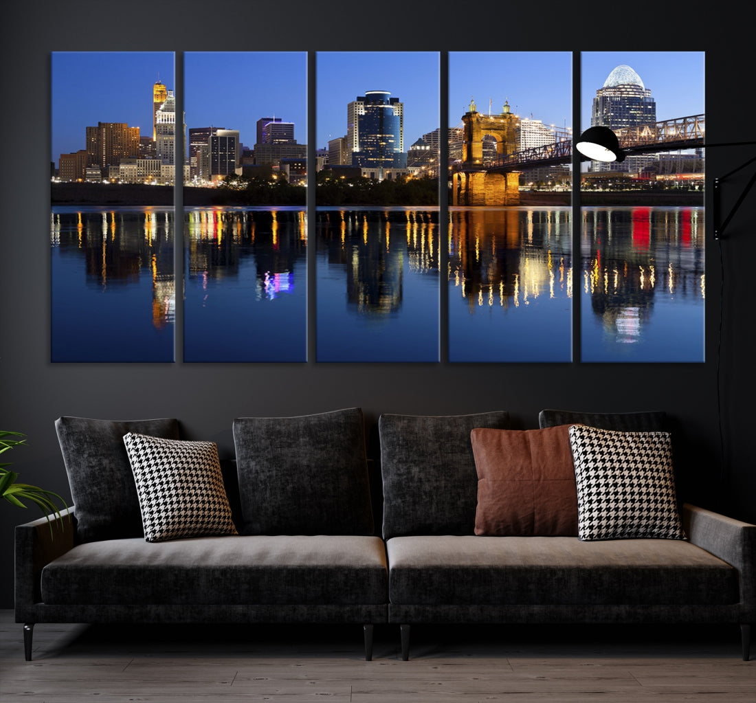 Cincinnati Night Skyline Reflections Large Cityscape Wall Art Canvas Print