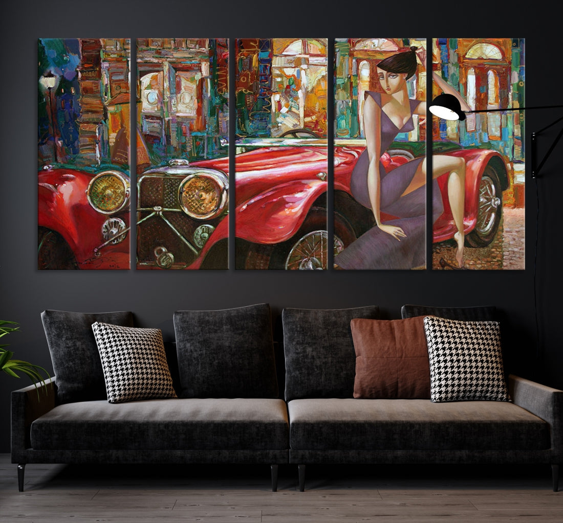 Lady With a Red Old Antique Car Jalopy Wall Art Canvas Print