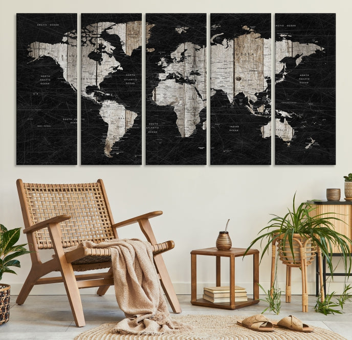 Black Push Pin World Map Detailed Framed Wall Art Canvas Print