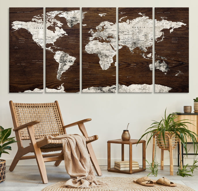 White Coloured World Map on Brown Background Large Canvas Print Wall Art