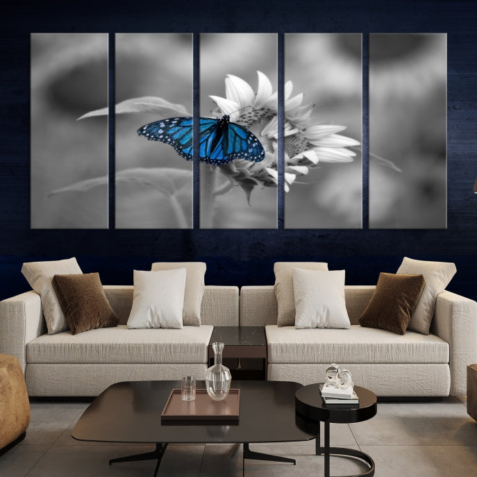 Pretty Blue Butterfly Black and White Canvas Wall Art Print Framed Ready to Hang