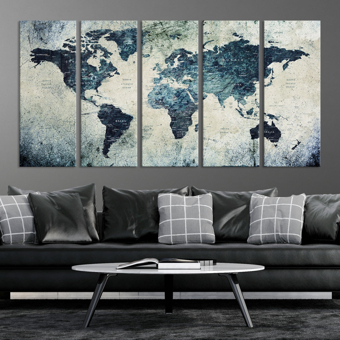 Extra Large World Map Wall Art Watercolor Painting on Canvas Print Grunge Vintage Decor