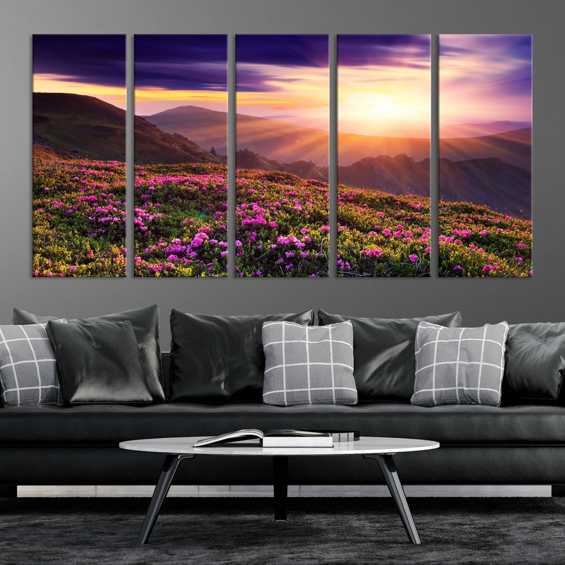 Alluring Spring Mountain with Flowers Sunset Landscape Canvas Wall Art Print