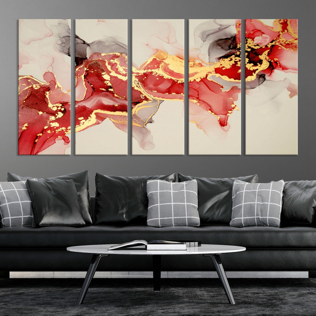 Contemporary Red Gold Abstract Painting on Canvas Print Framed Wall Decor