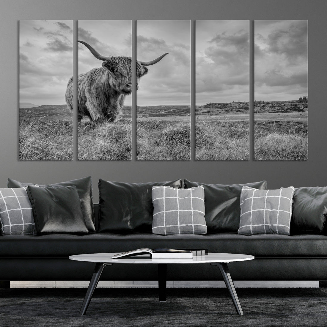 Grayscale Highland Cow Canvas Art Print Extra Large Animal Picture Print on Canvas