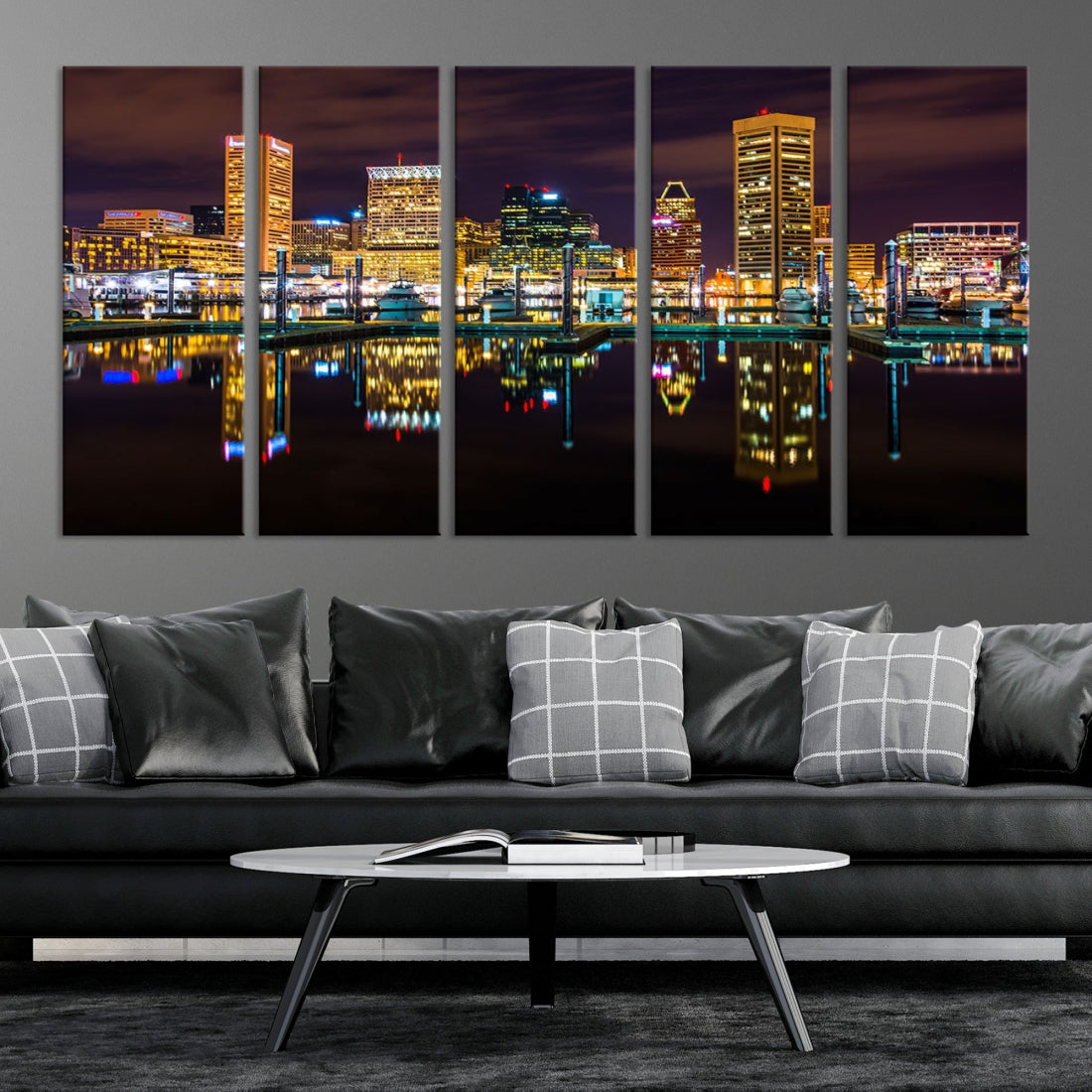 Baltimore City Night Skyline Purple Cityscape Large Wall Art Canvas Print