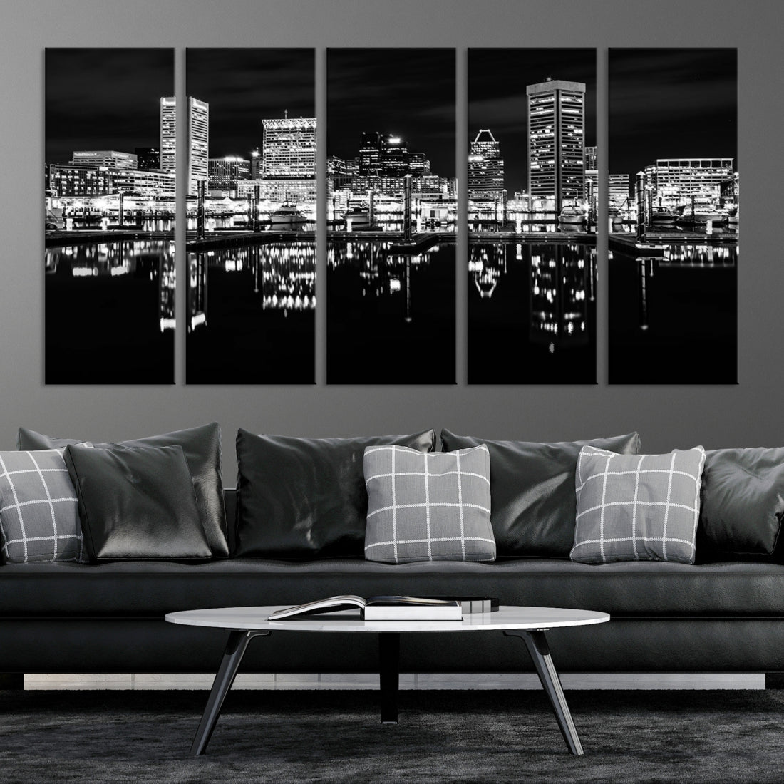 Black and White Baltimore Downtown Night Skyline Wall Art Cityscape Canvas Print