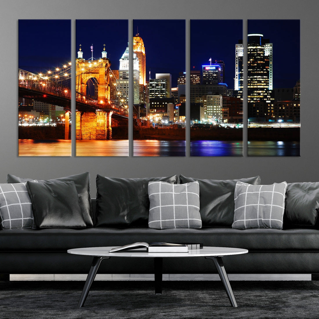 Cincinnati Bright Lights Night Skyline Canvas Wall Art Framed Print