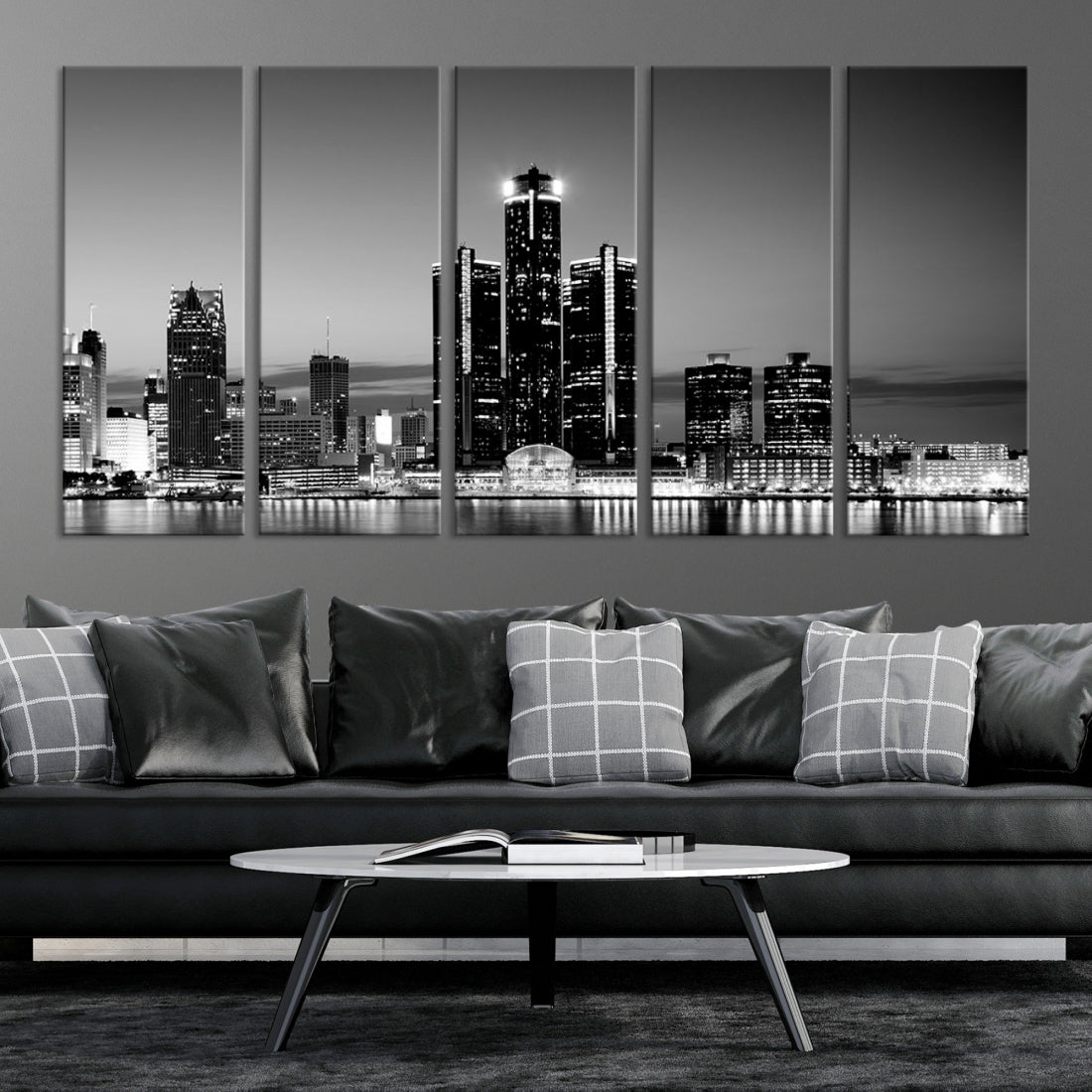 Extra Large Detroit Skyline Black and White Cityscape Wall Art Canvas Print