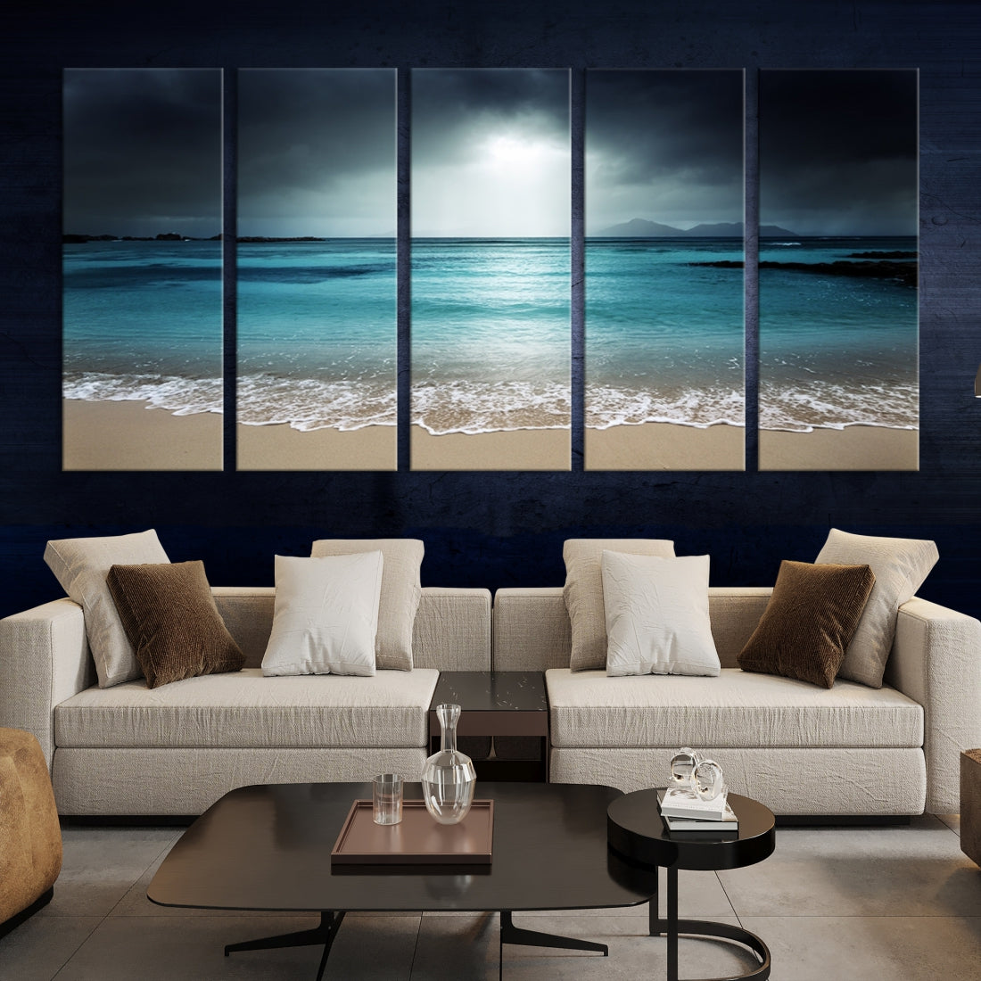 Dark Sky Bright Ocean Beach Large Wall Art Canvas Print