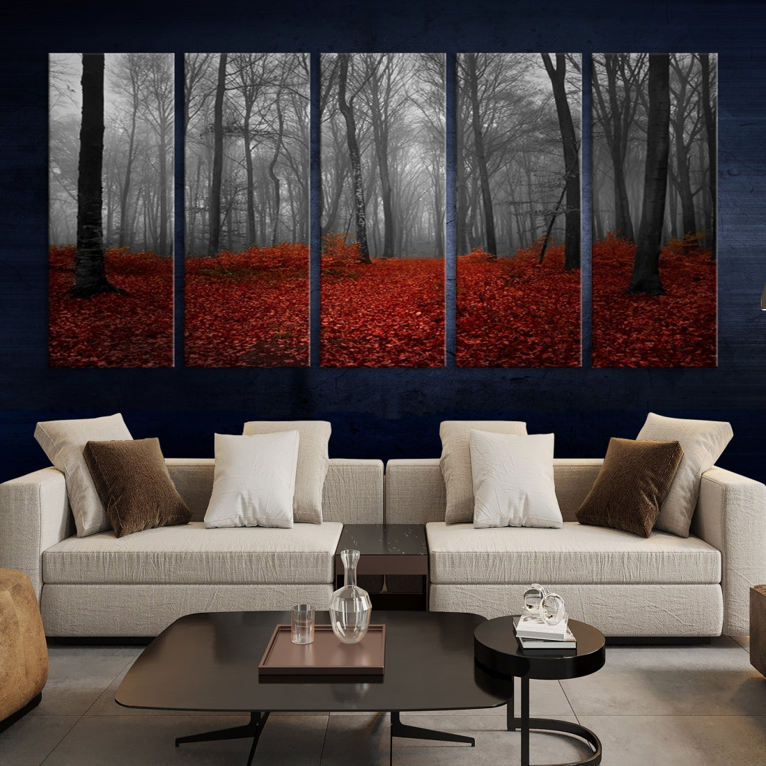 Foggy Forest with Red Leaves Autumn Landscape Giclee Canvas Extra Large Wall Art Print