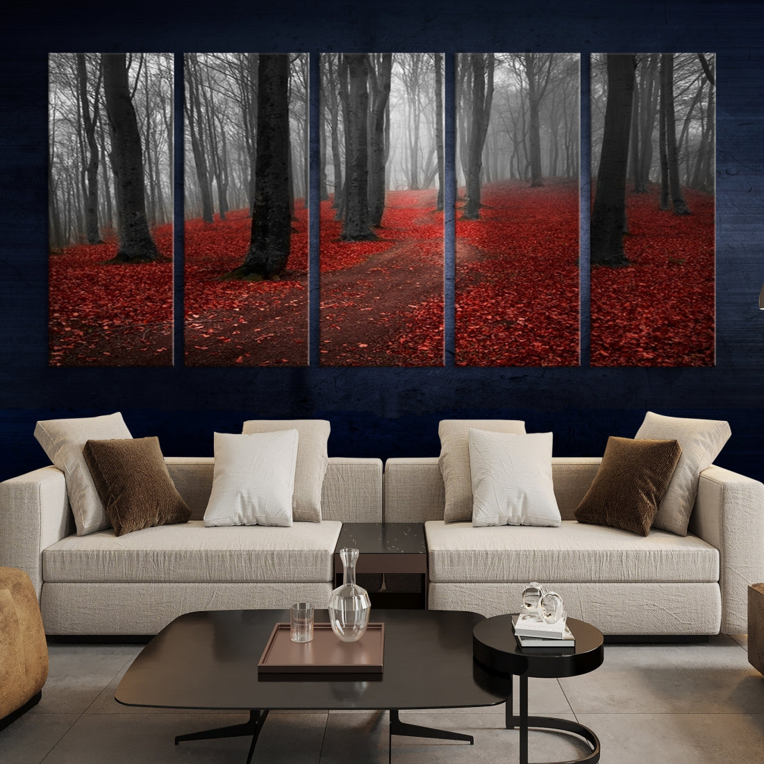 Wonderful Forest with Red Leaves on Ground Large Wall Art Landscape Canvas Print