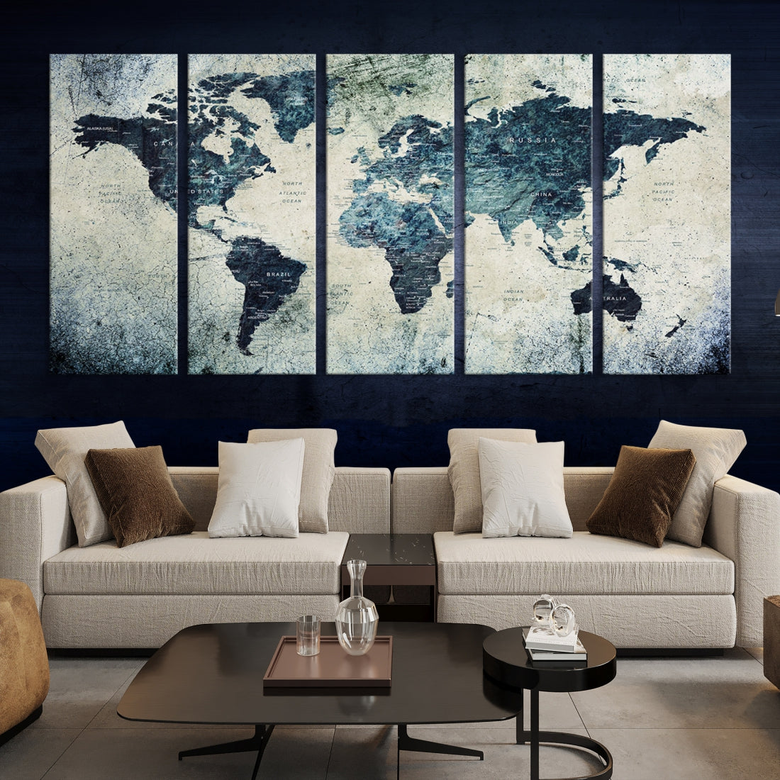 Extra Large World Map Wall Art Watercolor Painting on Canvas Print Grunge Vintage Decor