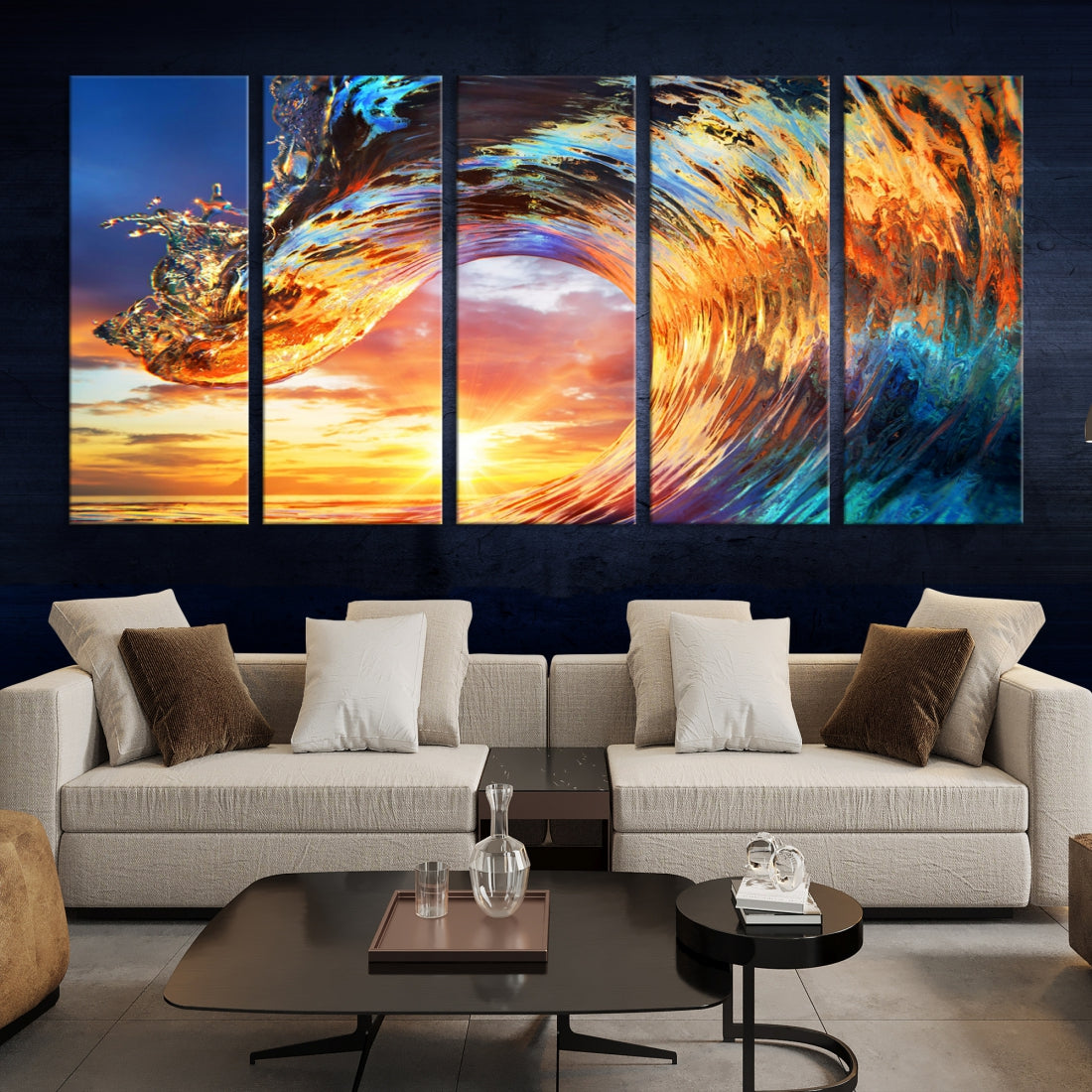 Large Canvas Wall Art Print of a Surface Wave Sunset Ocean