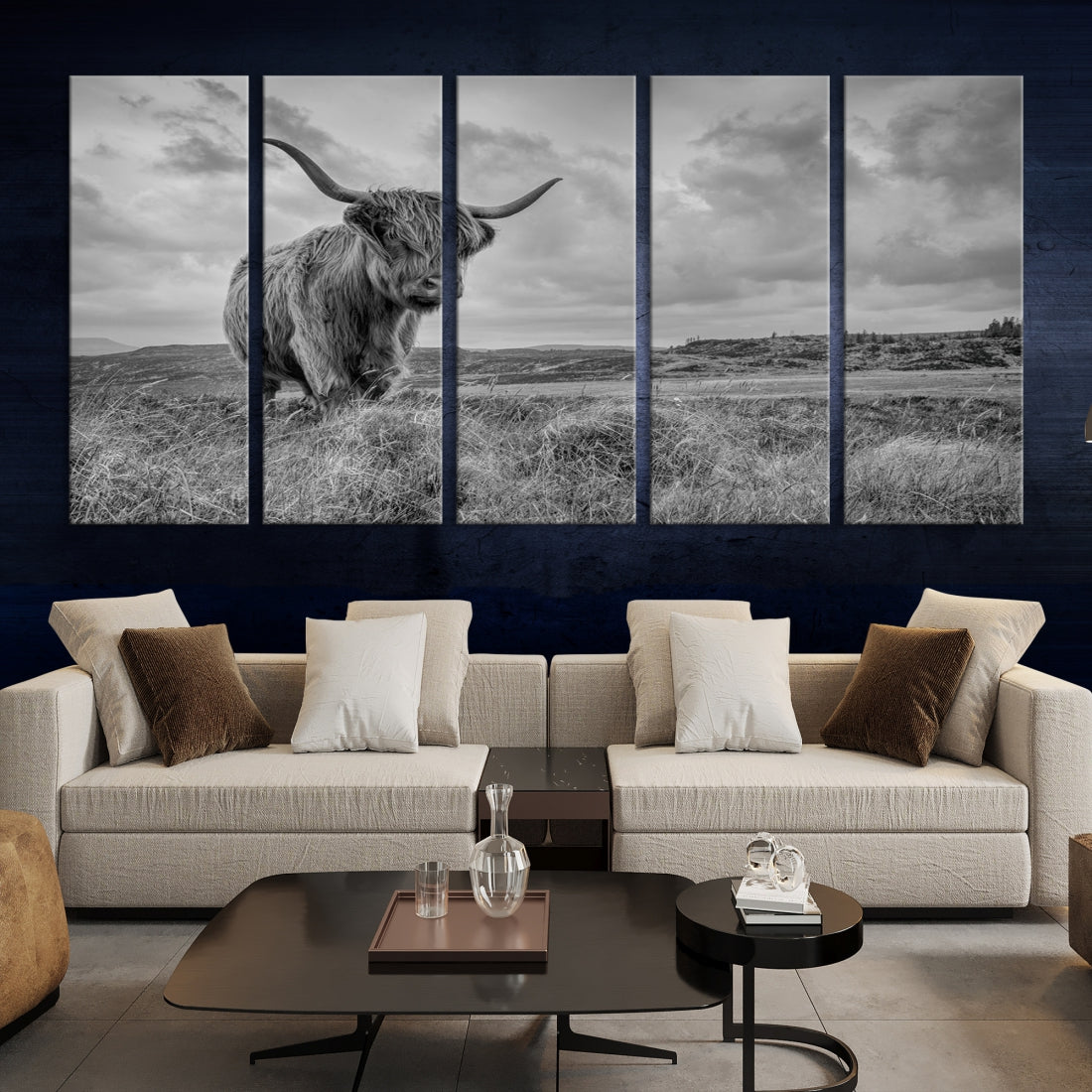 Grayscale Highland Cow Canvas Art Print Extra Large Animal Picture Print on Canvas