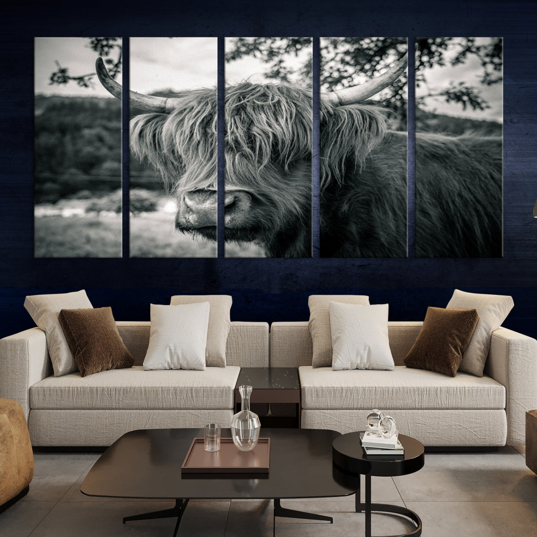 Beautiful Highland Cow Wall Art Large Canvas Print Black and White Wall Decor