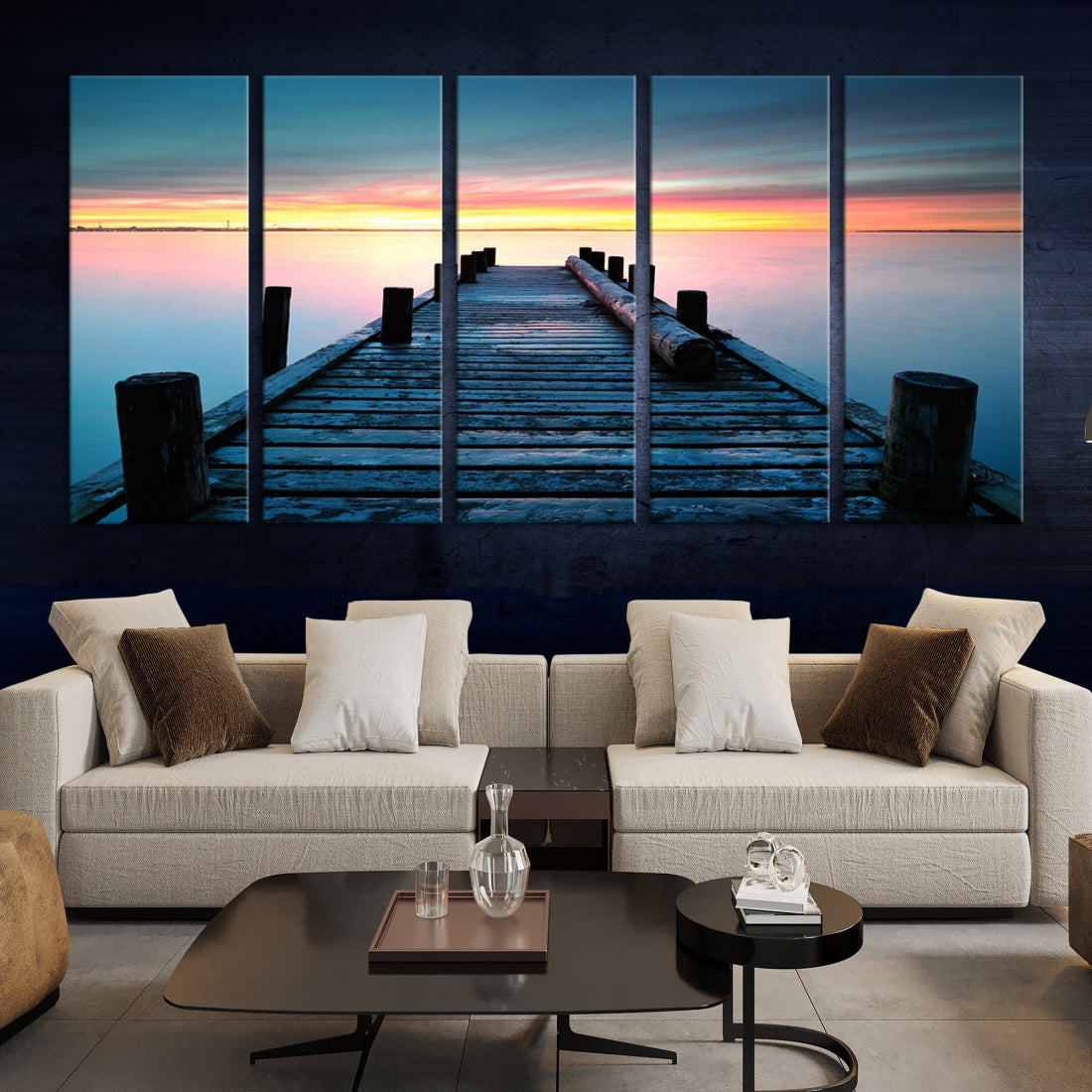 Fantastic Sunset over the Horizon Old Pier Seascape Ocean Wall Art Canvas Print