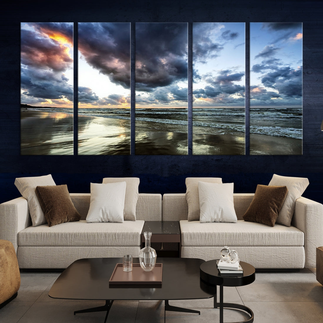 Cloudy Sky Calm Ocean Beach Nature Large Framed Canvas Art Print