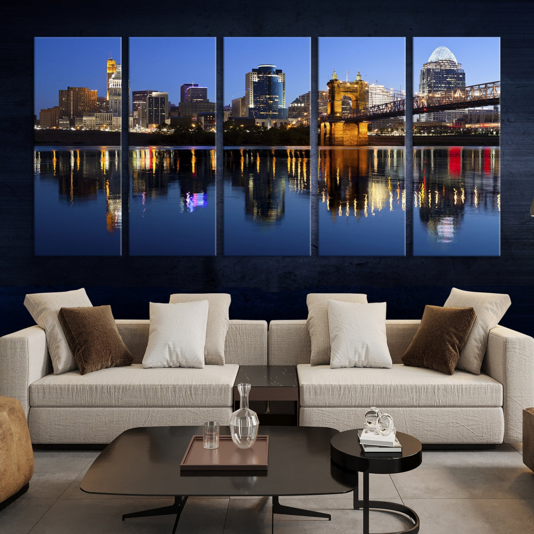 Cincinnati Night Skyline Reflections Large Cityscape Wall Art Canvas Print