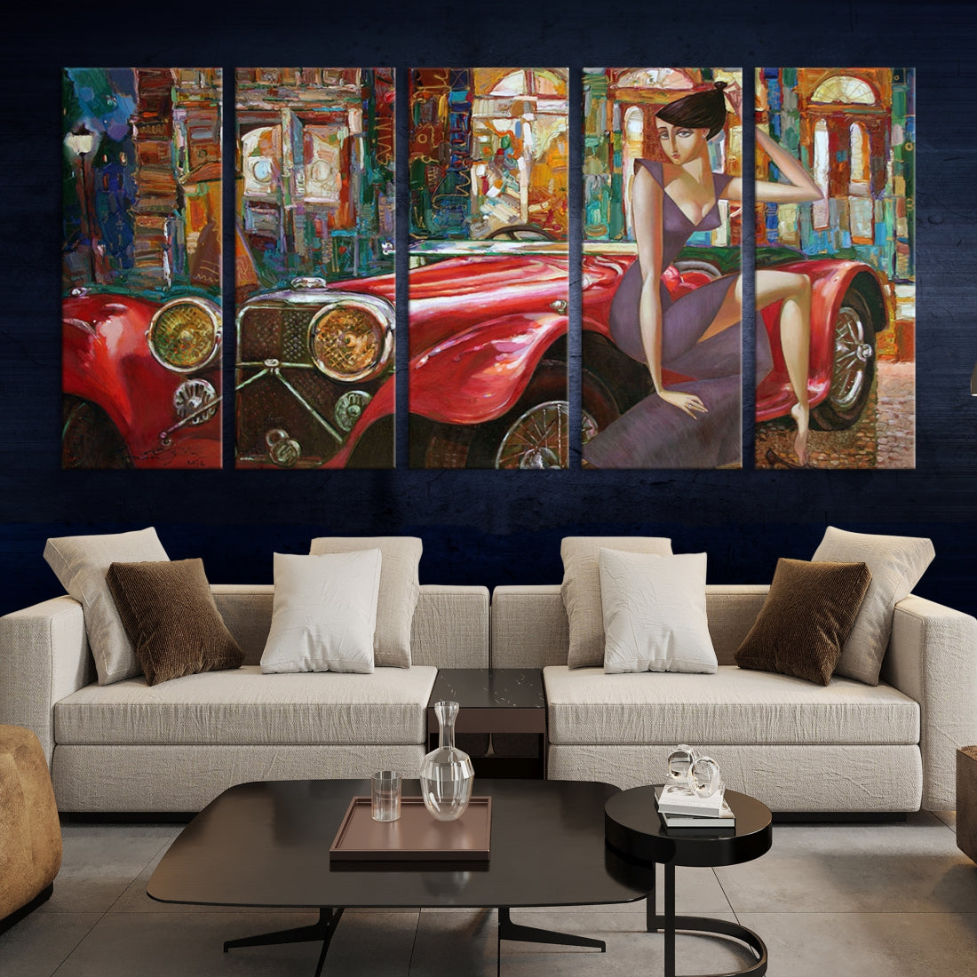 Lady With a Red Old Antique Car Jalopy Wall Art Canvas Print