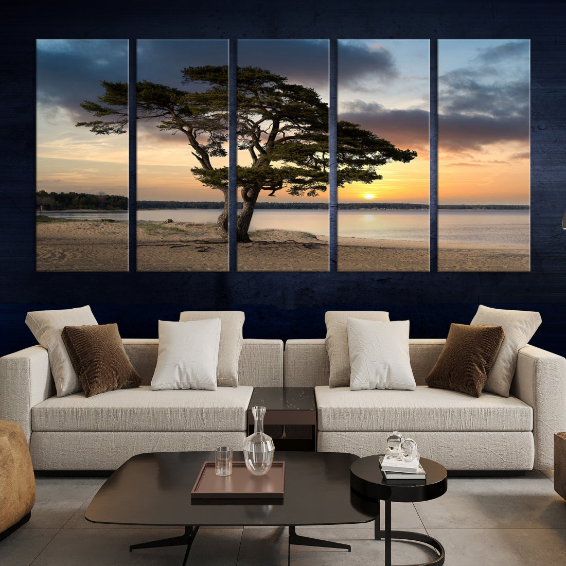 Big Tree Beach Coastal Sunset Wall Art Canvas Print Framed