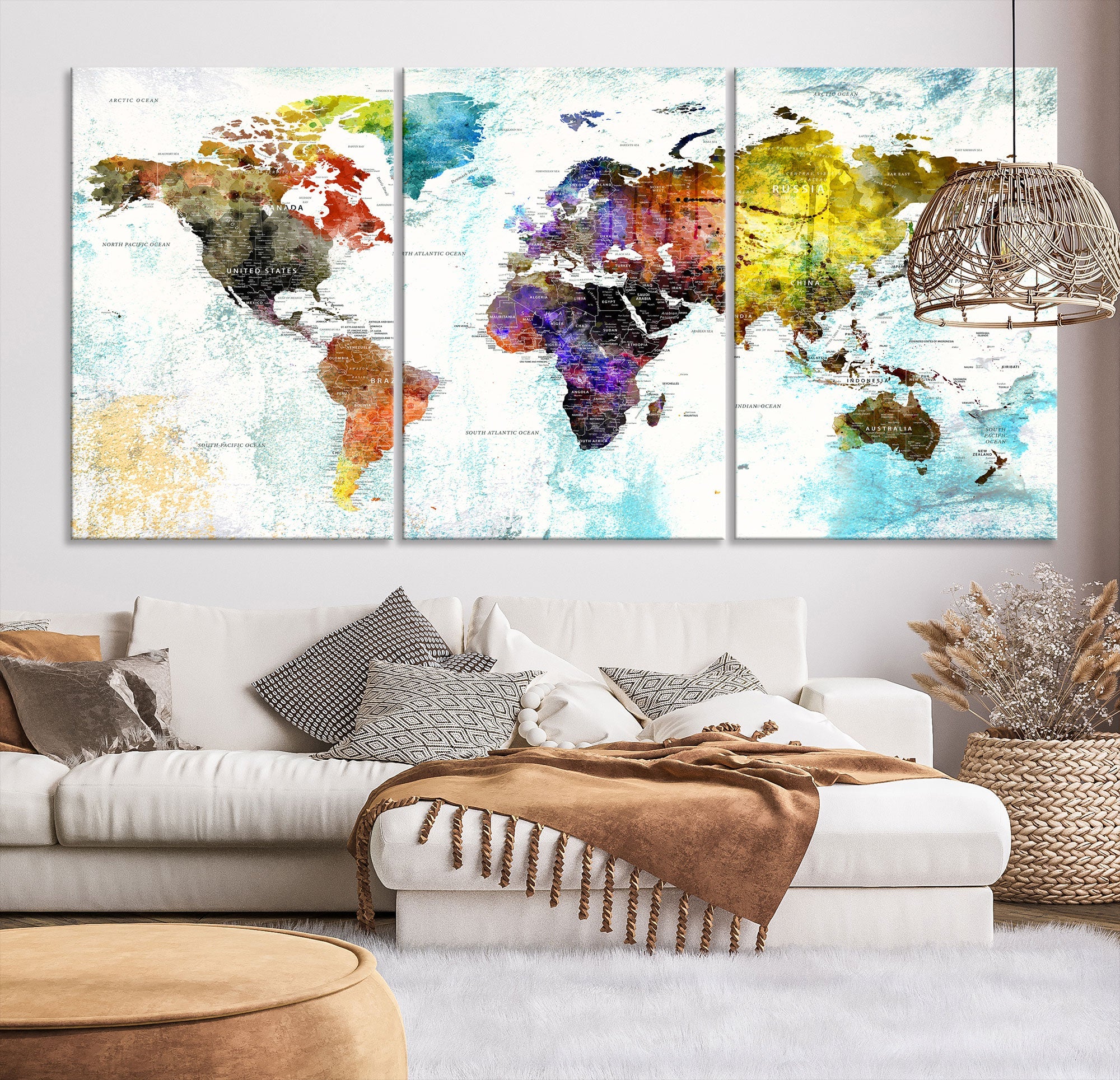 Watercolor Colorful World Map Wall Art Canvas Print Large Giclee Printing Home Decor