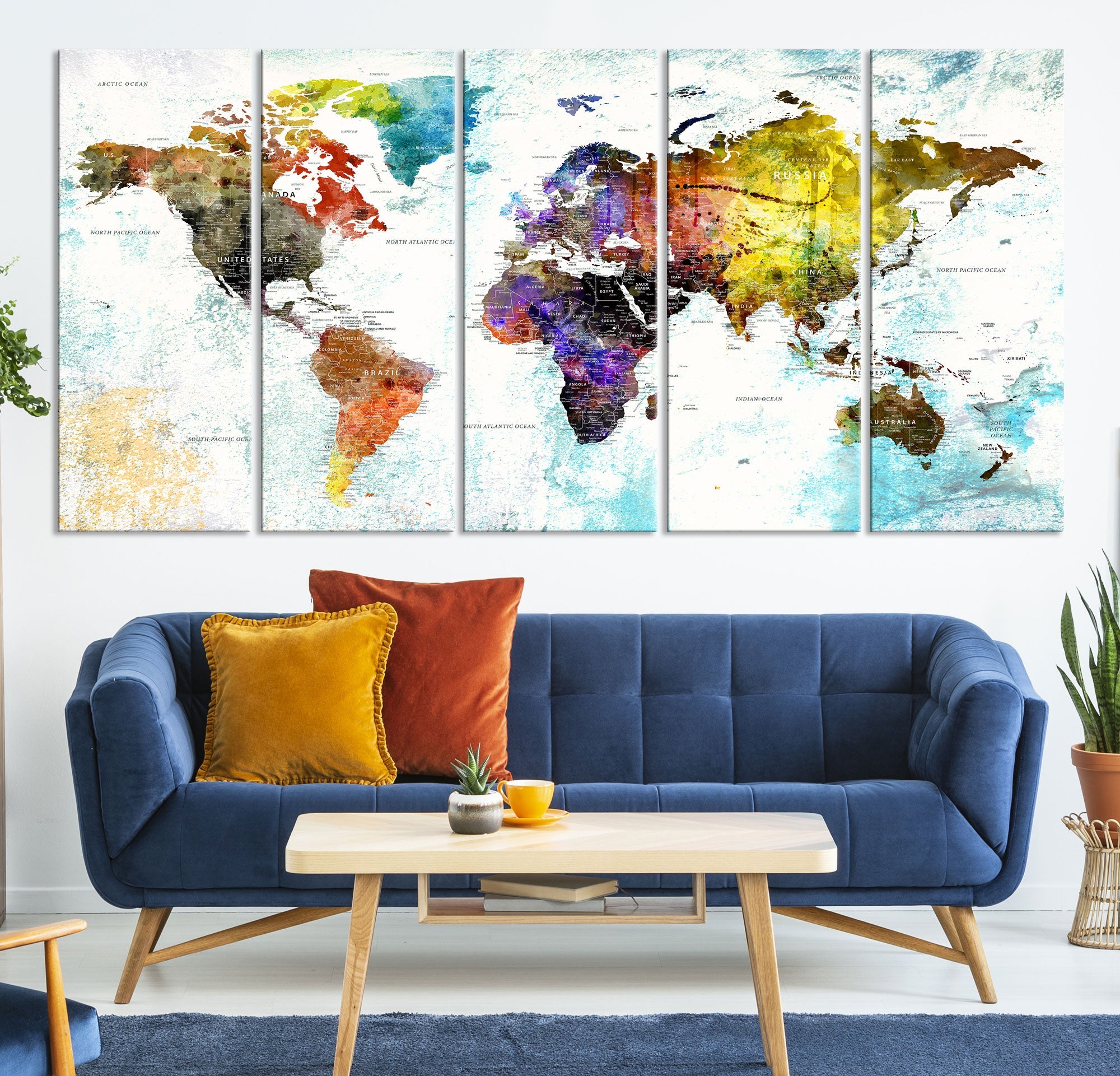 Watercolor Colorful World Map Wall Art Canvas Print Large Giclee Printing Home Decor