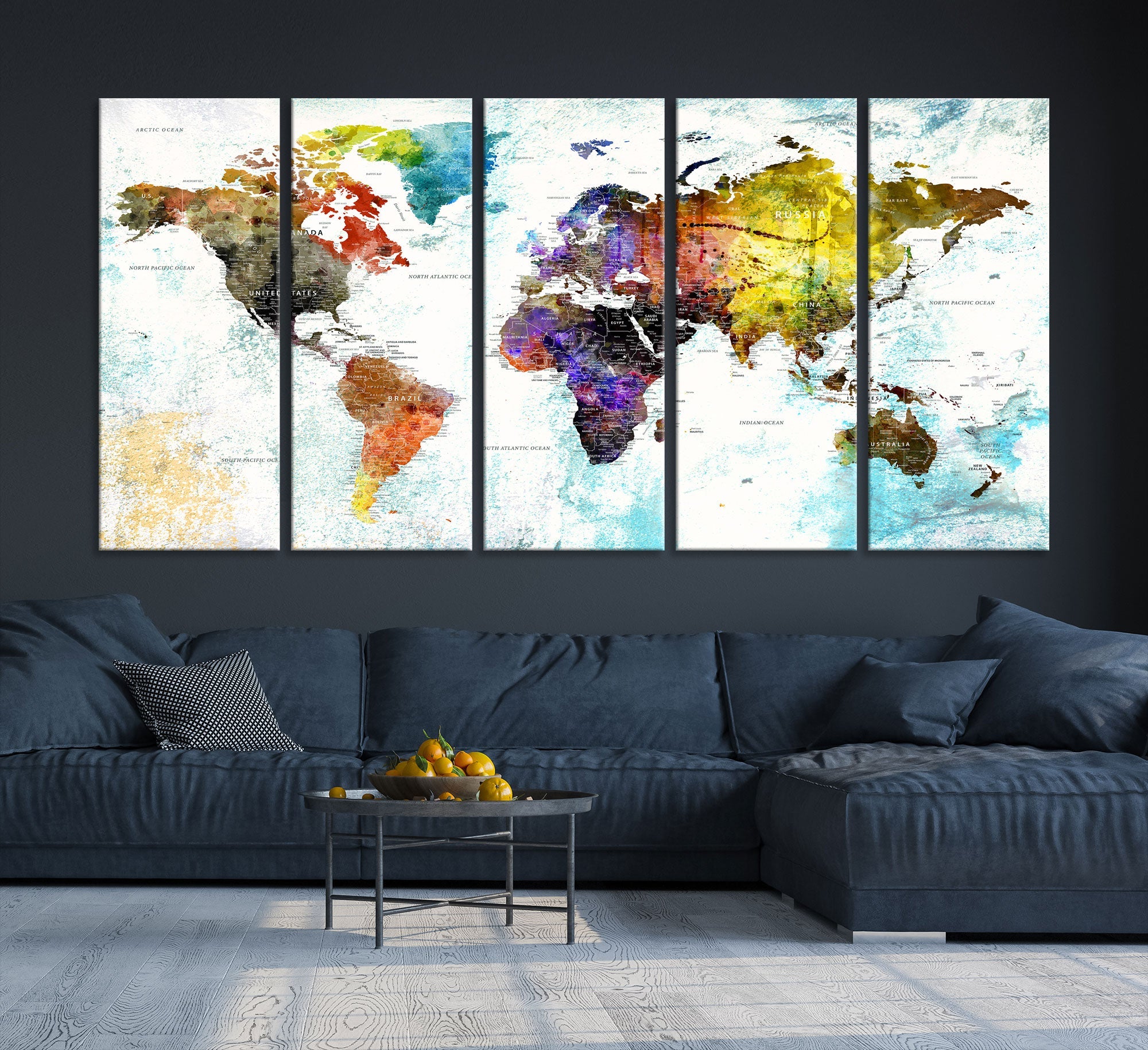 Watercolor Colorful World Map Wall Art Canvas Print Large Giclee Printing Home Decor