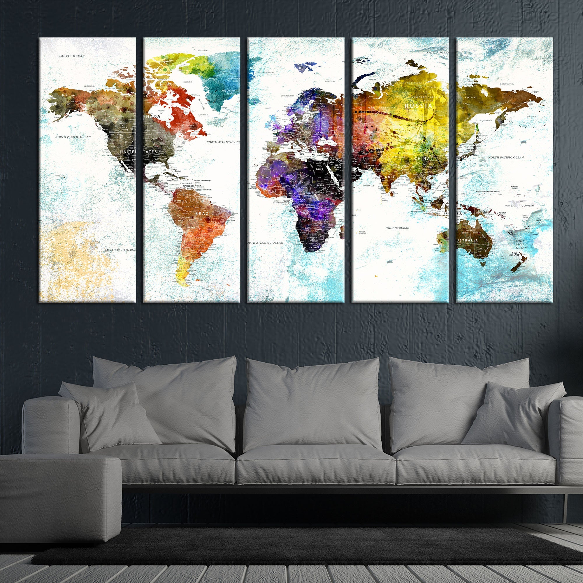 Watercolor Colorful World Map Wall Art Canvas Print Large Giclee Printing Home Decor