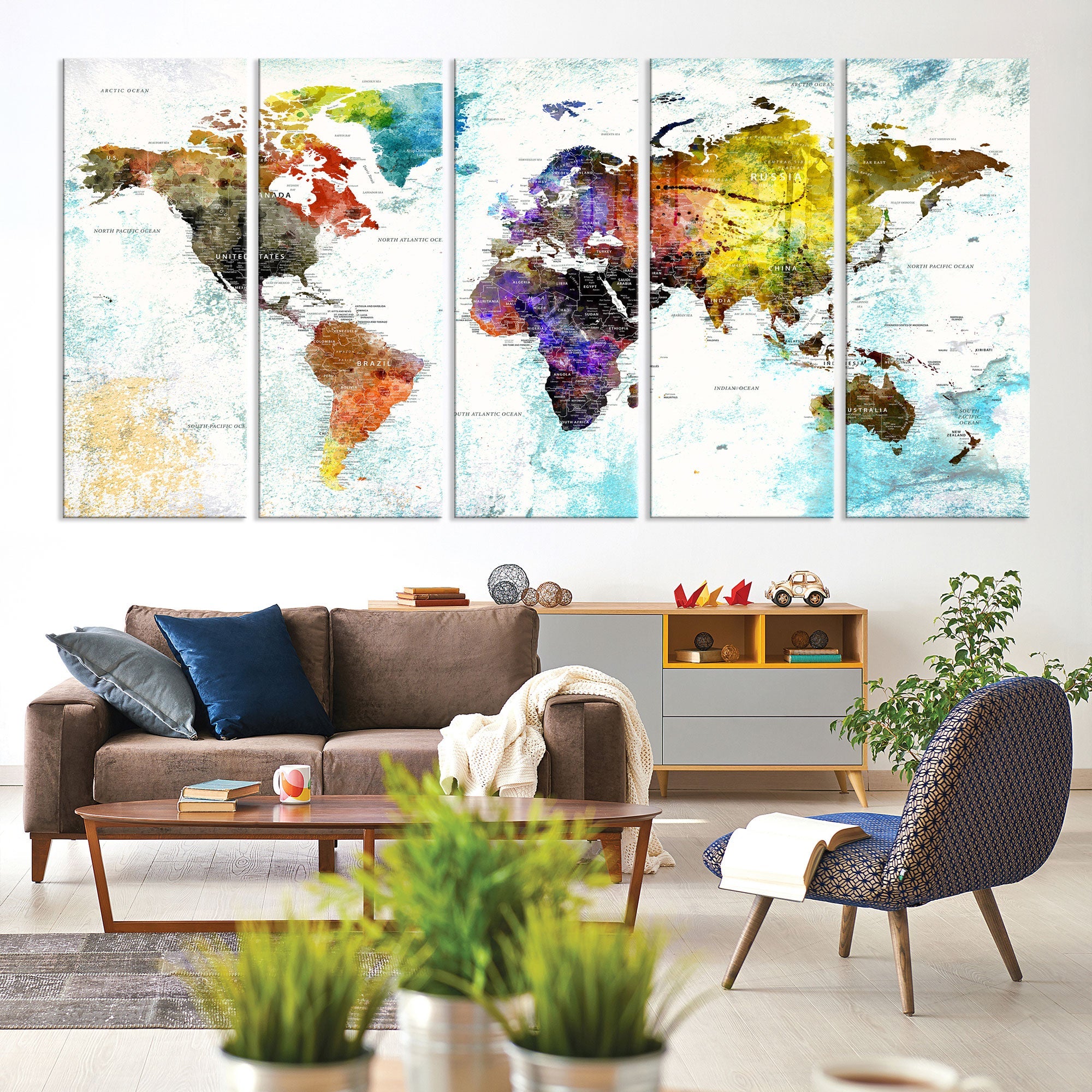 Watercolor Colorful World Map Wall Art Canvas Print Large Giclee Printing Home Decor