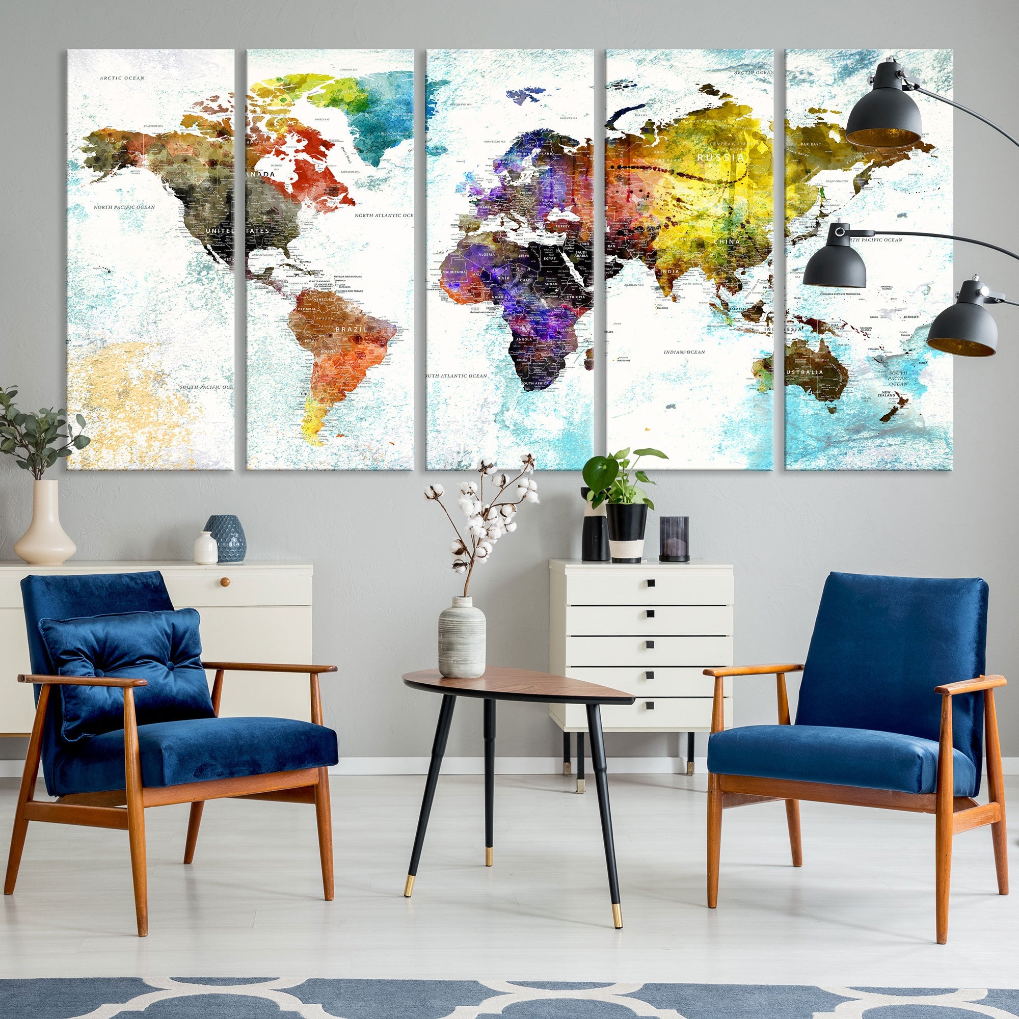 Watercolor Colorful World Map Wall Art Canvas Print Large Giclee Printing Home Decor