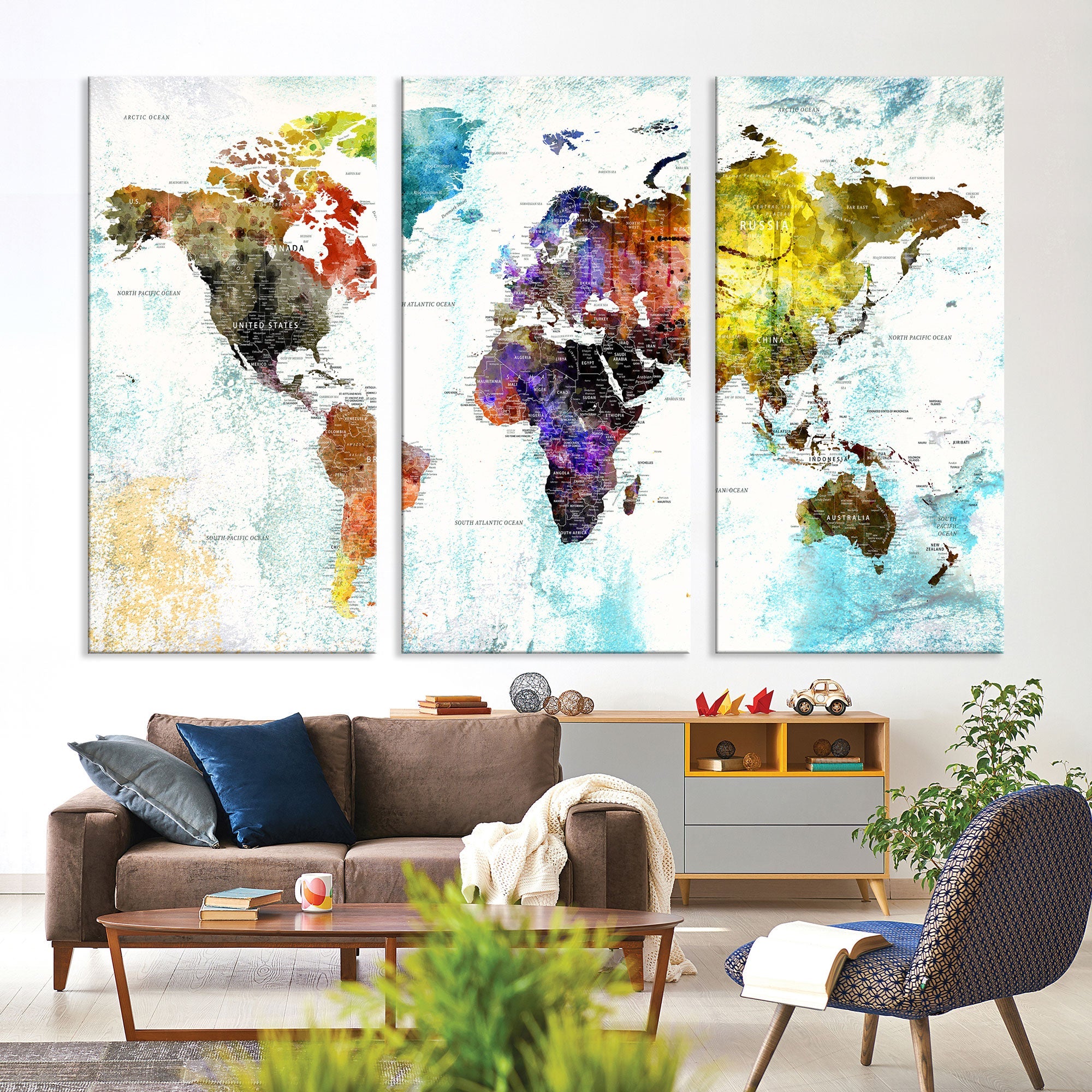 Watercolor Colorful World Map Wall Art Canvas Print Large Giclee Printing Home Decor