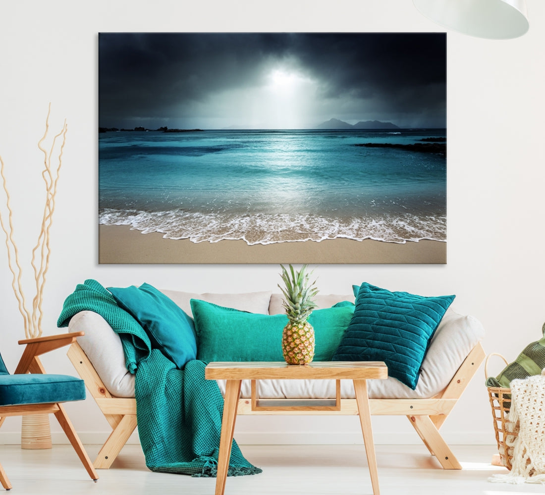 Dark Sky Bright Ocean Beach Large Wall Art Canvas Print