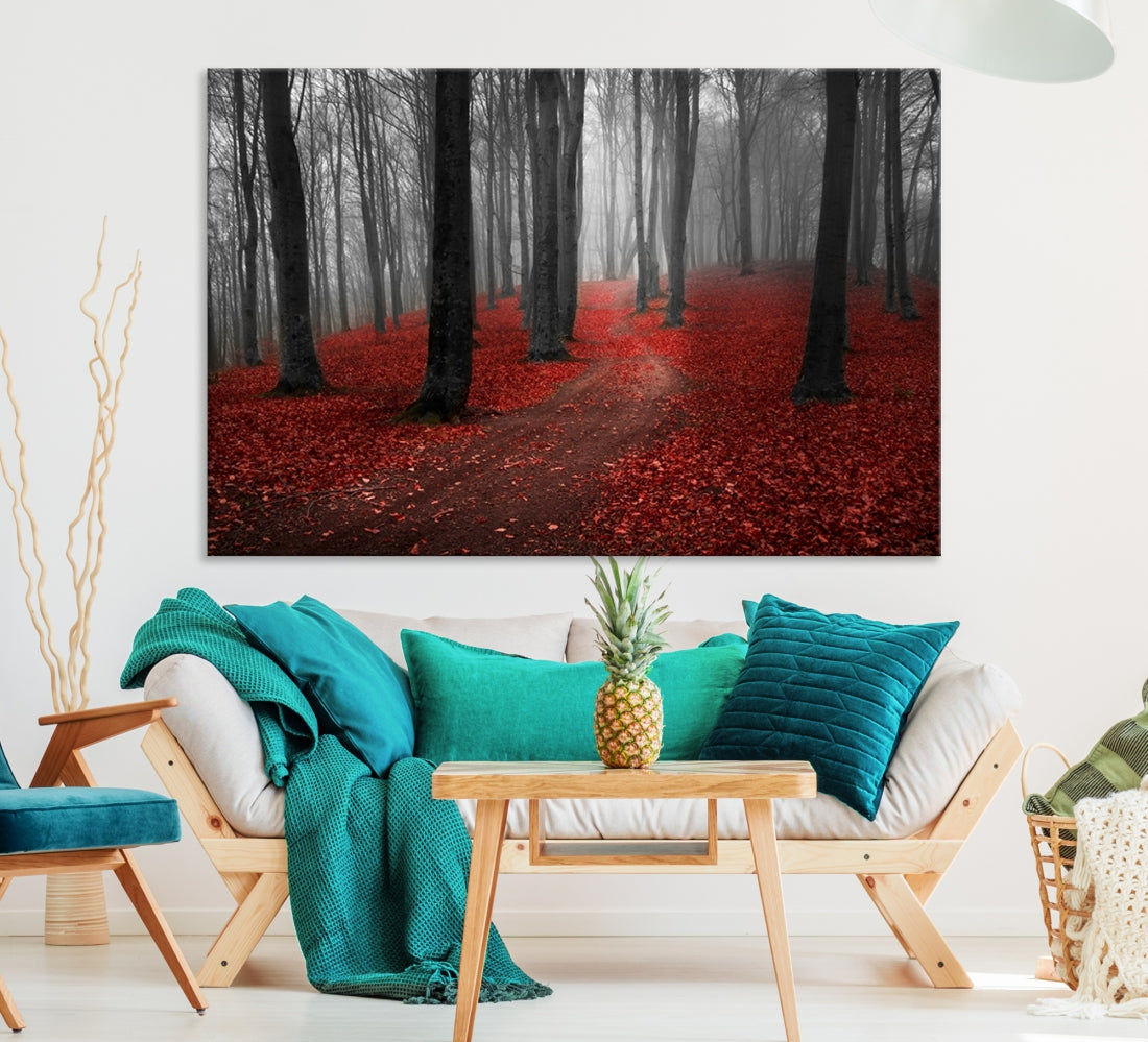 Wonderful Forest with Red Leaves on Ground Large Wall Art Landscape Canvas Print