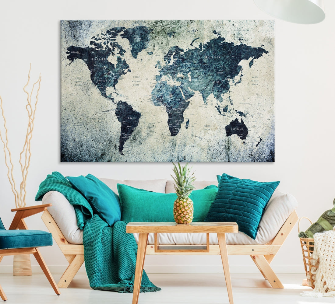 Extra Large World Map Wall Art Watercolor Painting on Canvas Print Grunge Vintage Decor