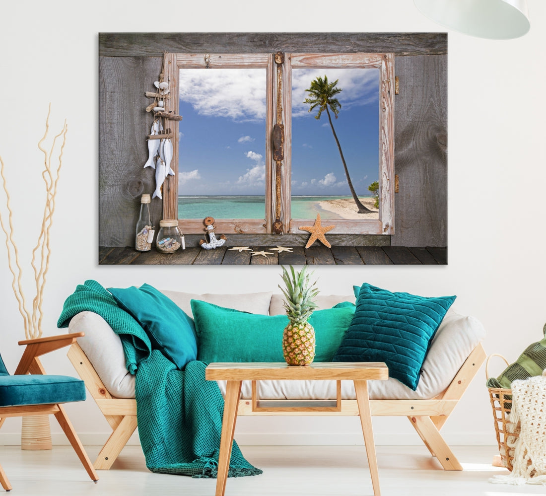 Large Window Wall Art Relaxing Beach Photo Canvas Art Print Starfish Seashells Nautical Art Framed Ocean Artwork