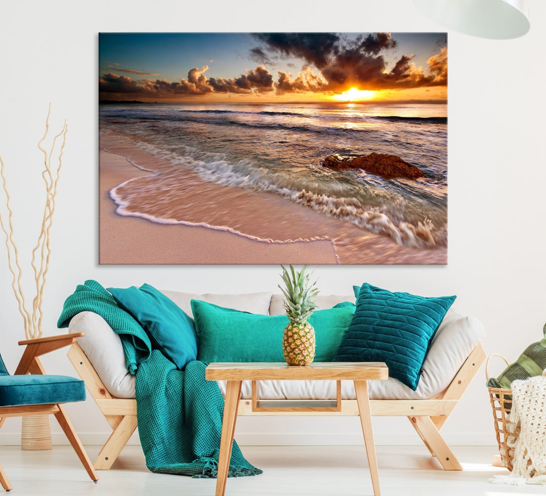 Breathtaking Sunset and Calm Beach Waves Canvas Wall Art Print