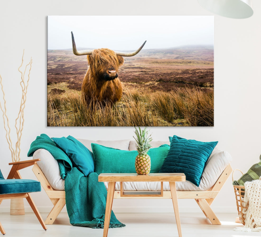 Highland Cow Canvas Wall Art Print Mountain Landscape Animal Canvas Art Home Office Decor Artwork for Living Room Framed and Stretched Ready to Hang Split Art Large Canvas Picture