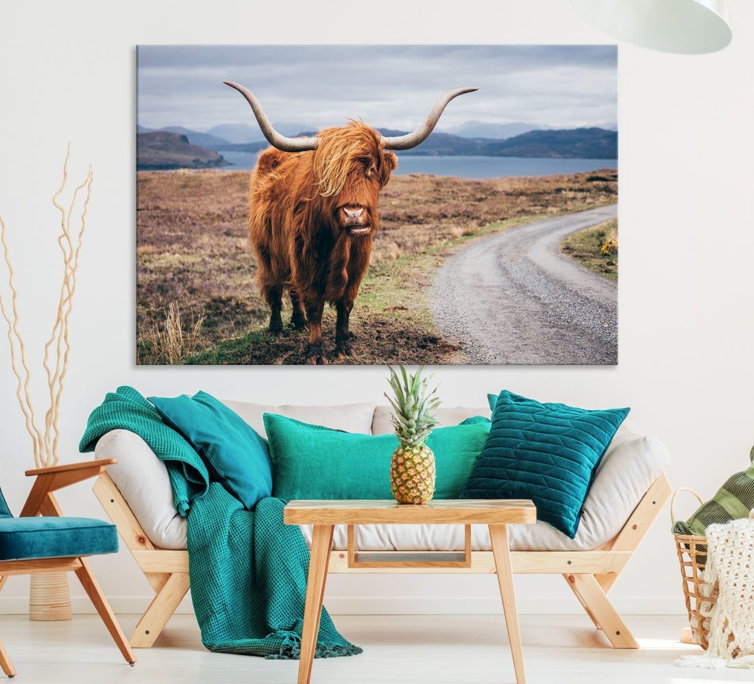 Highland Cow with Big Horn Canvas Wall Art Animal Photo Print Wall Decor