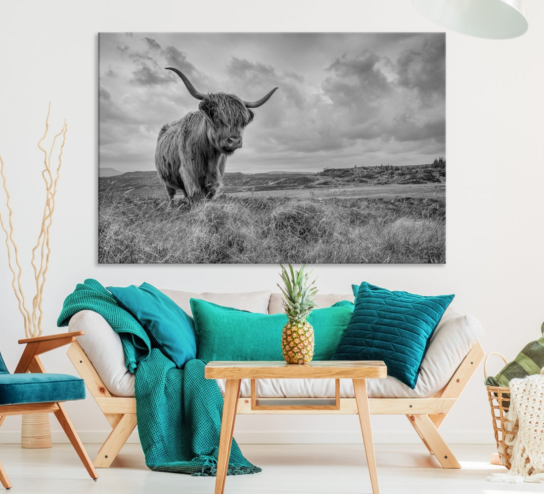 Grayscale Highland Cow Canvas Art Print Extra Large Animal Picture Print on Canvas