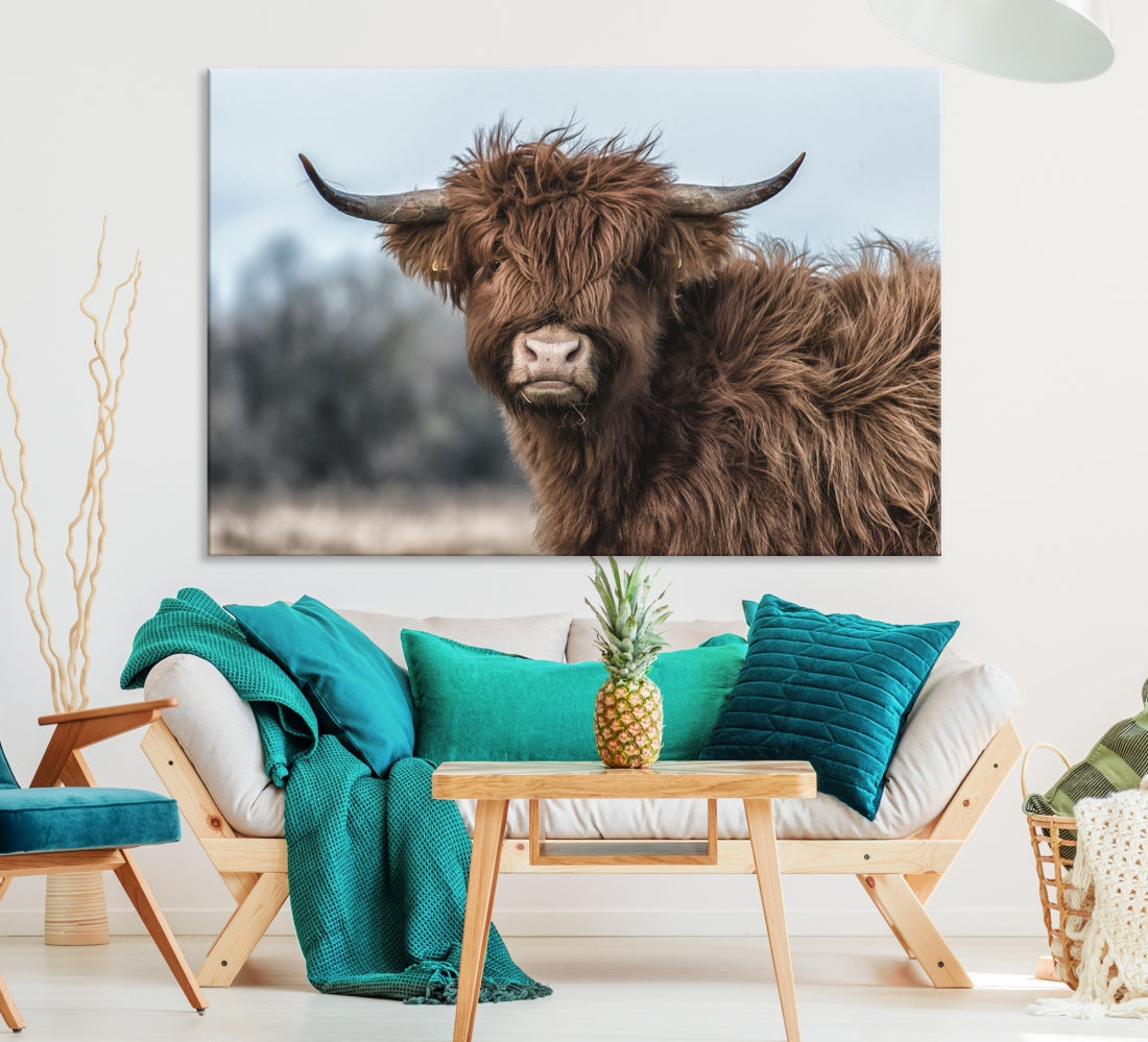 Fluffy Highland Cow Photograph Large Wall Art Canvas Print Cute Animals Picture Wall Decor Artwork for Living Room Farmhouse Printable Art Housewarming Gift Modern Home Art Decor